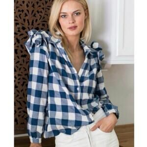 Emerson Fry Sanibel Cotton Blue Ivory Check Ruffle Shoulder Blouse XS NWT